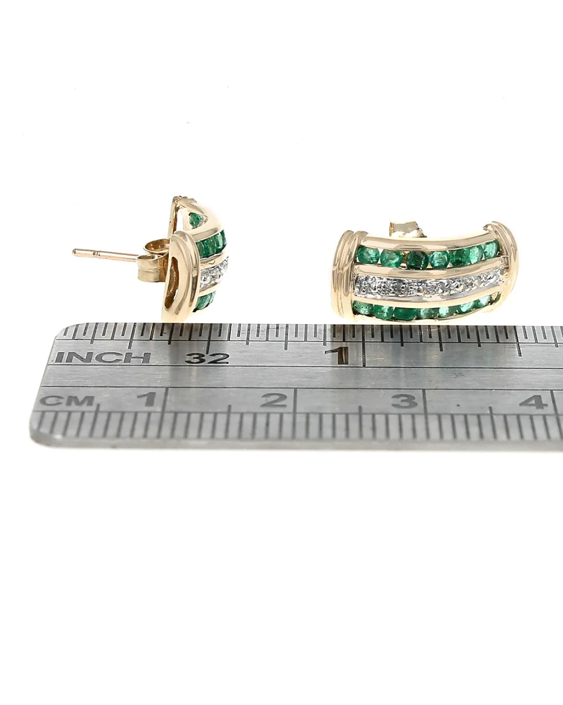 Three Row Alternating Emerald and Diamond Curved Earrings in Yellow Gold - Image 3