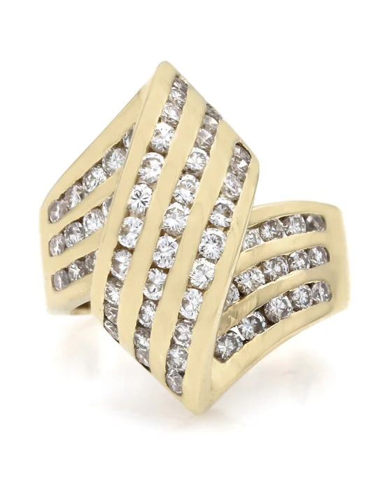 Three Row Diamond Bypass Crossover Ring in Yellow Gold - Image 2