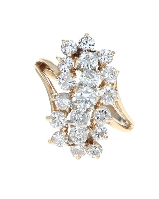 Three Row Diamond Cluster Ring in White and Yellow Gold - Image 2