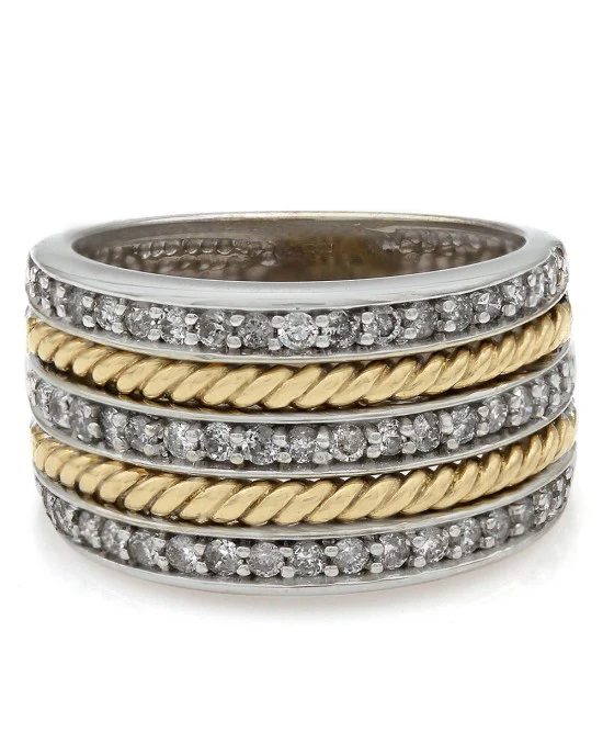 Three Row Diamond Ring with Rope Design in 14k White and Yellow Gold - Image 2