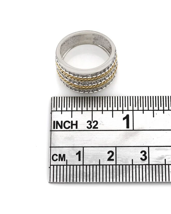 Three Row Diamond Ring with Rope Design in 14k White and Yellow Gold - Image 3
