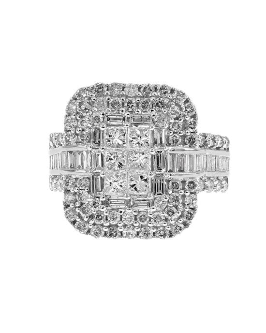 Three Row Mixed Cut Diamond Triple Halo Ring in White Gold - Image 2
