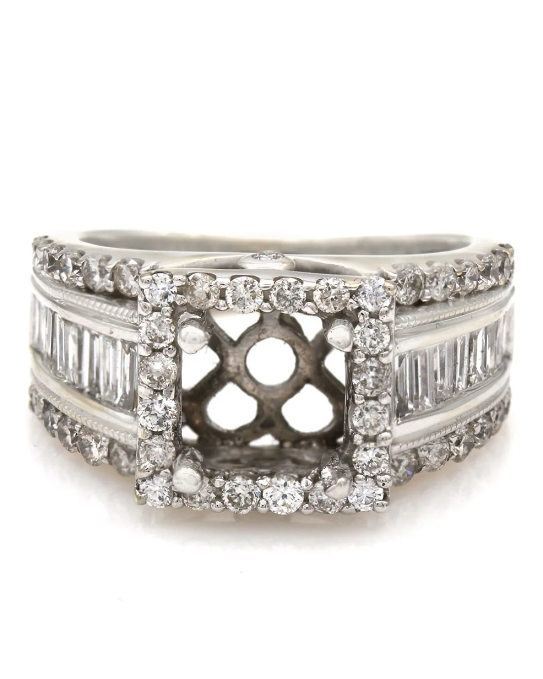 Three Row Round and Baguette Diamond Halo Mounting in 14k White Gold - Image 2