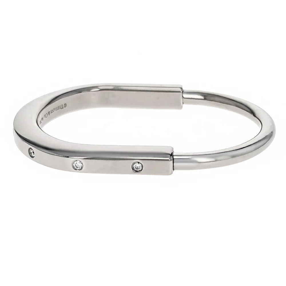 Tiffany & Co Lock 18K White Gold Diamond Accents Bangle Bracelet - Image 2
