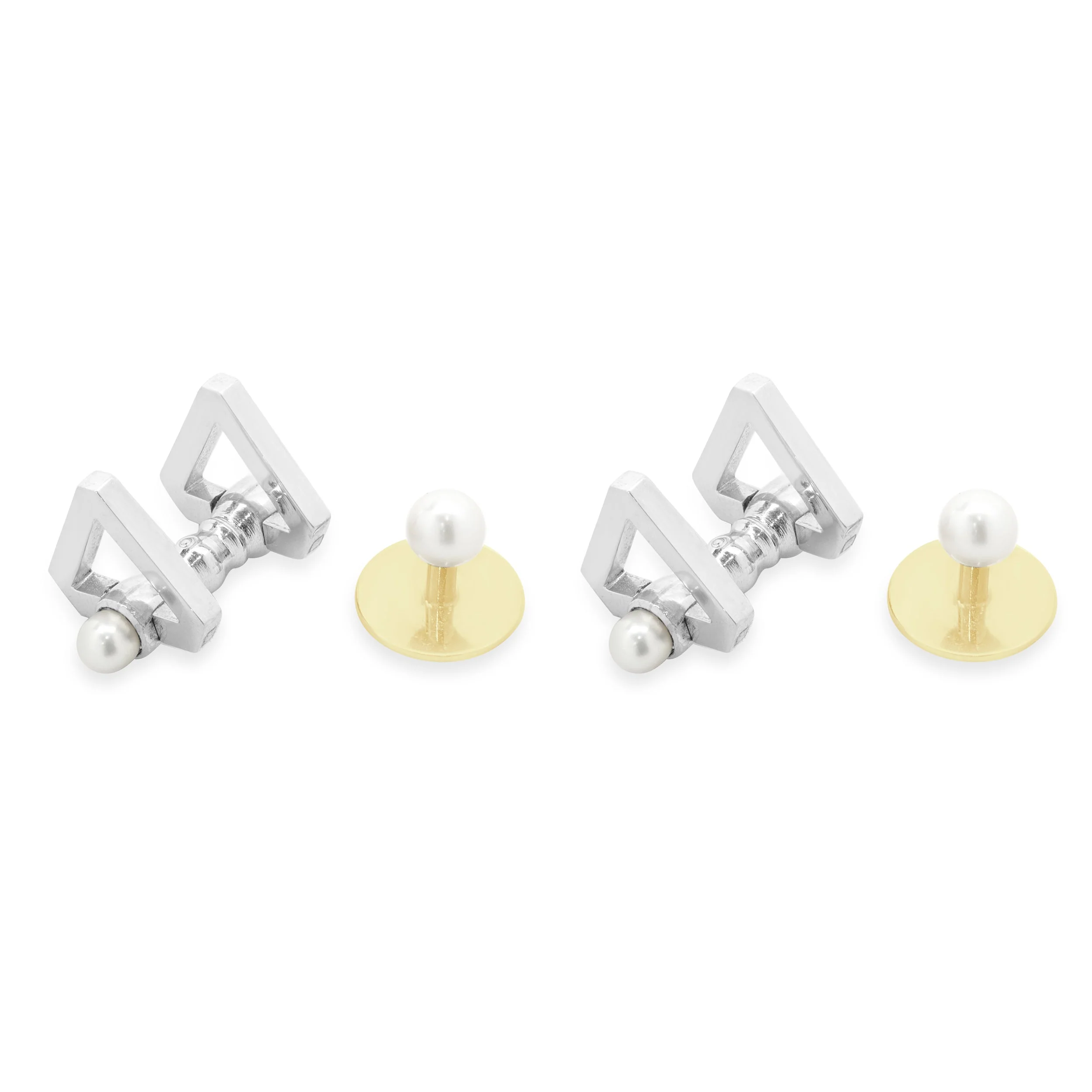 Tiffany & Co. Platinum Triangle Cufflinks and 18k Yellow Gold 5mm Pearl Studs Tuxedo Set - Image 2