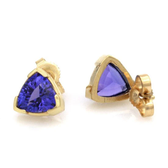 14K Yellow Gold Trillion Cut Tanzanite Stud Earrings - Image 2