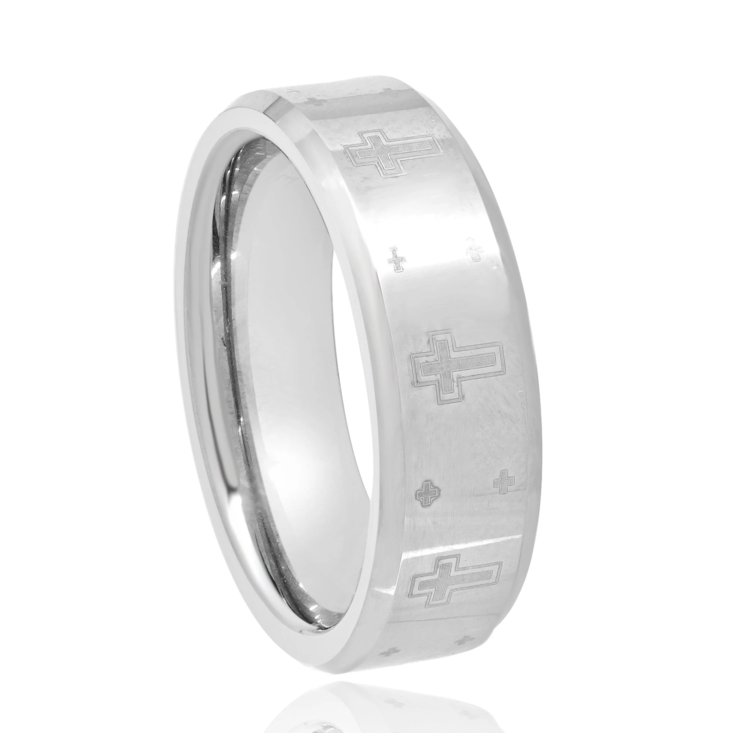 Tungsten Beveled 7MM Ring with Lasered Crosses - Image 2