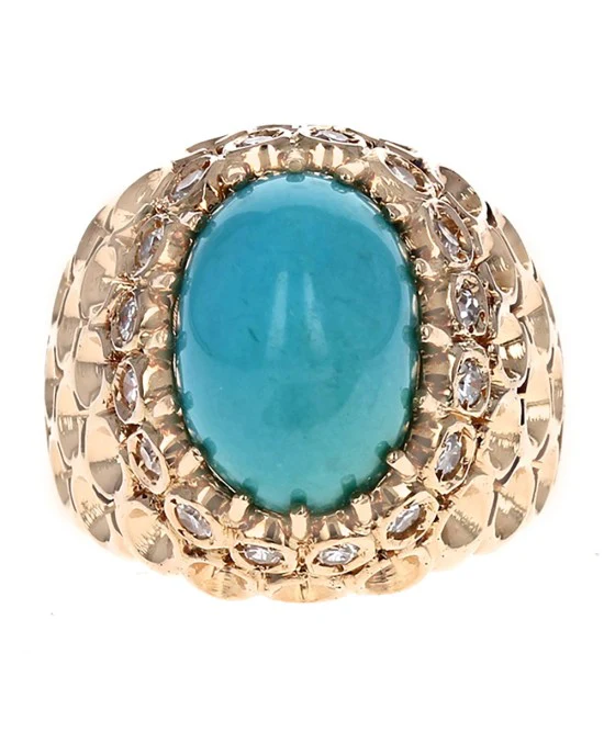 Turquoise Cabochon and Diamond Honeycomb Dome Ring - Image 2