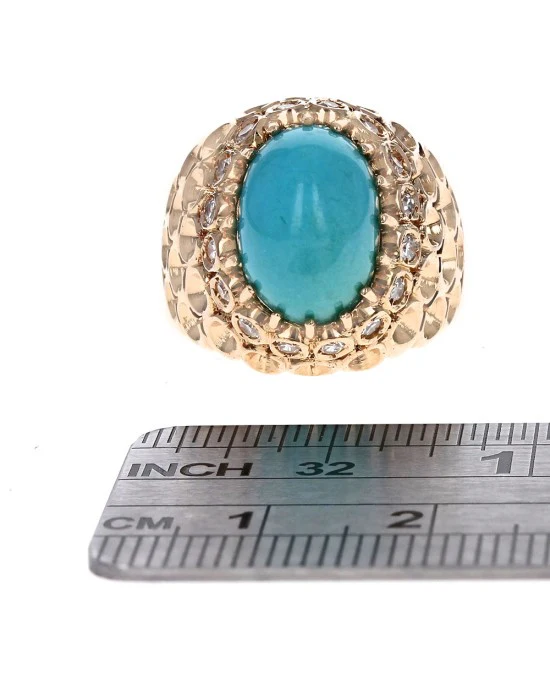 Turquoise Cabochon and Diamond Honeycomb Dome Ring - Image 3