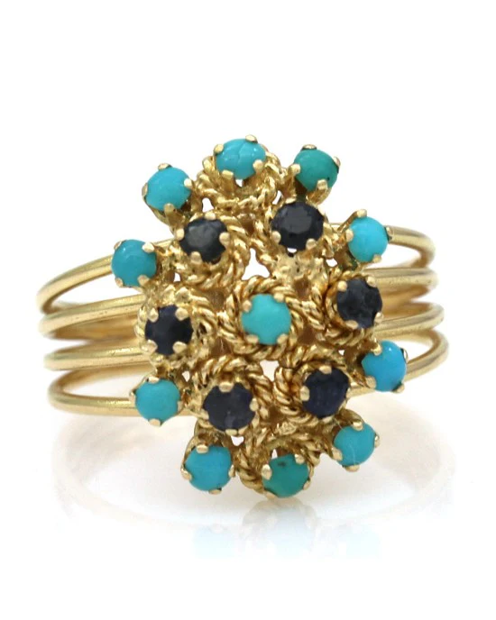 Turquoise Cabochon and Sapphire Cluster Ring - Image 2