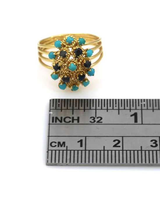Turquoise Cabochon and Sapphire Cluster Ring - Image 3