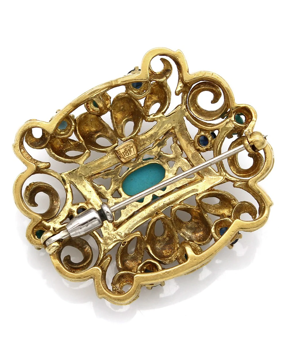 Turquoise, Sapphire and Blue Enamel Brooch Pin - Image 2