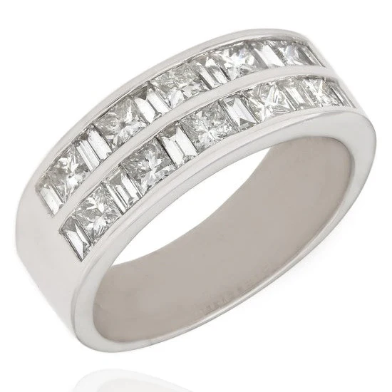 14K White Gold Two Row Baguette and Princess Diamond Ring
