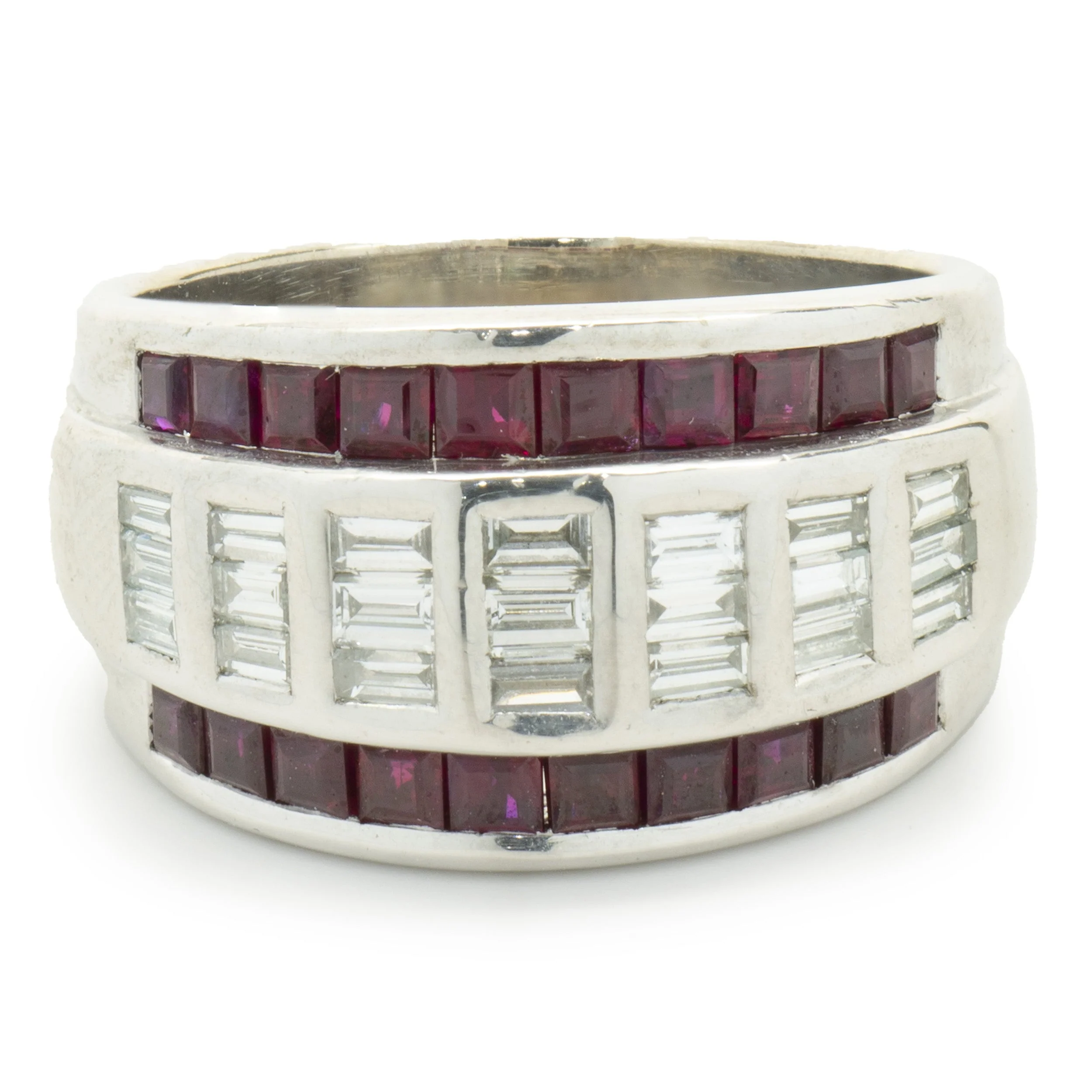 Vico 18 Karat White Gold Three Row Ruby and Diamond Channel Set Ring