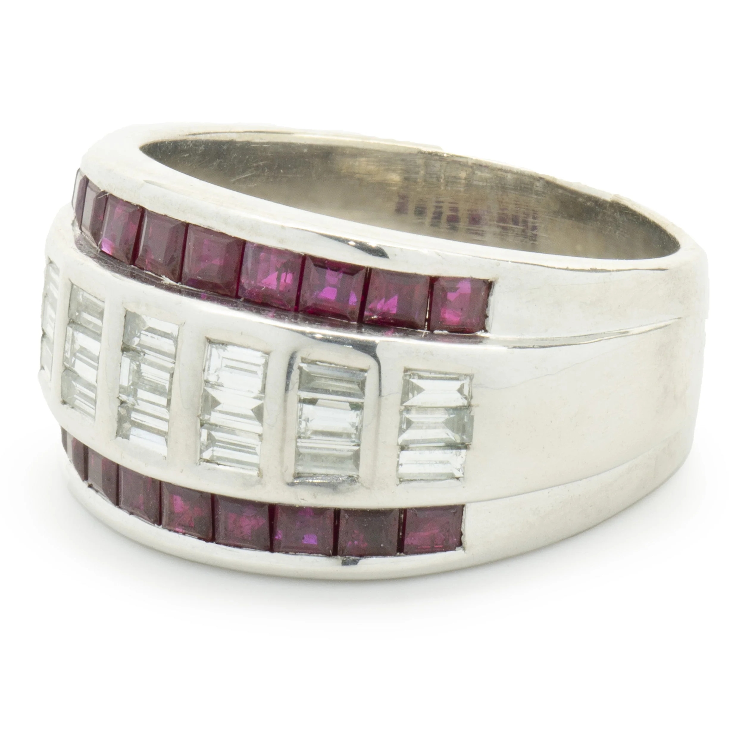 Vico 18 Karat White Gold Three Row Ruby and Diamond Channel Set Ring - Image 2