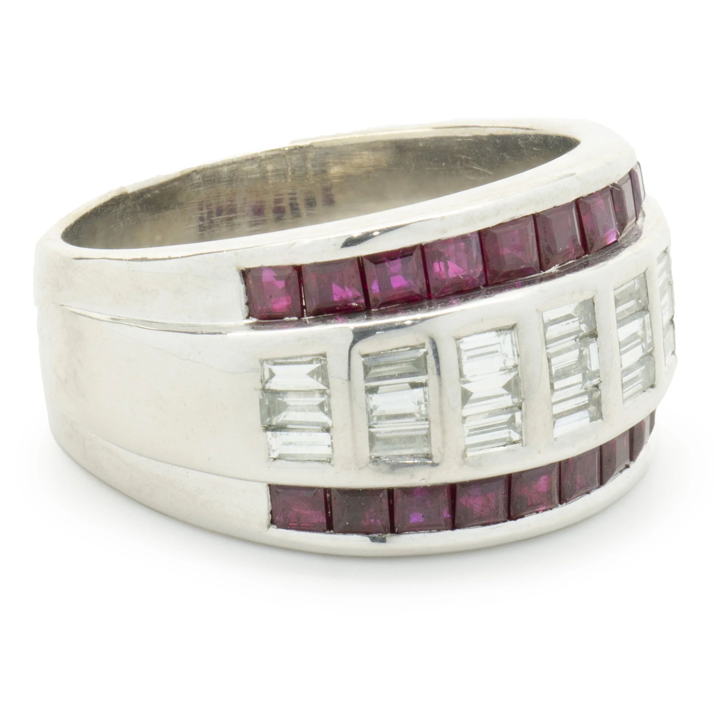 Vico 18 Karat White Gold Three Row Ruby and Diamond Channel Set Ring - Image 4