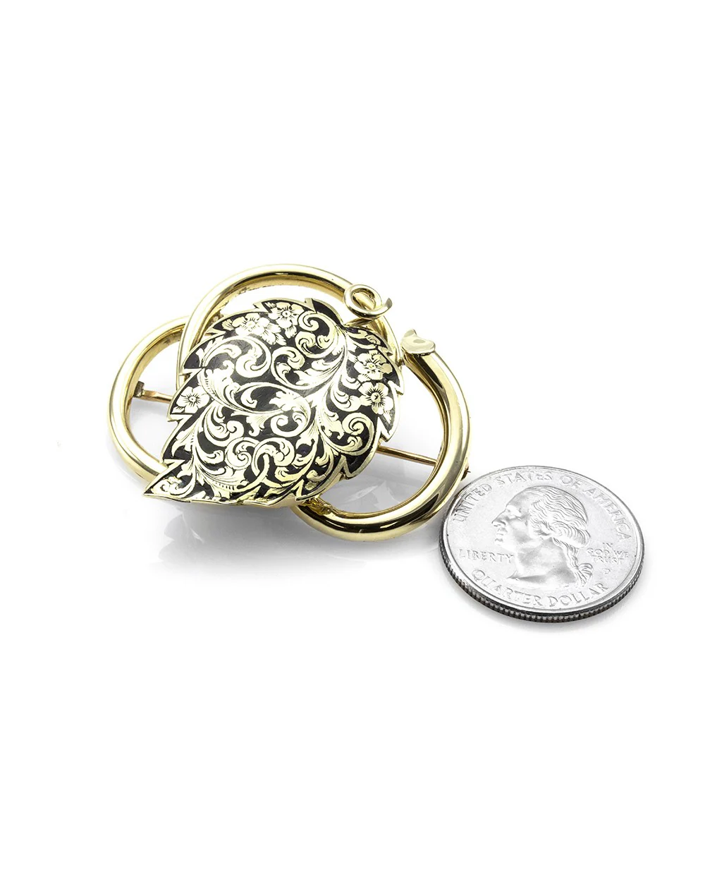 Victorian Celtic Love Knot Birch Leaf Mourning Locket Brooch in 14K Yellow Gold - Image 3
