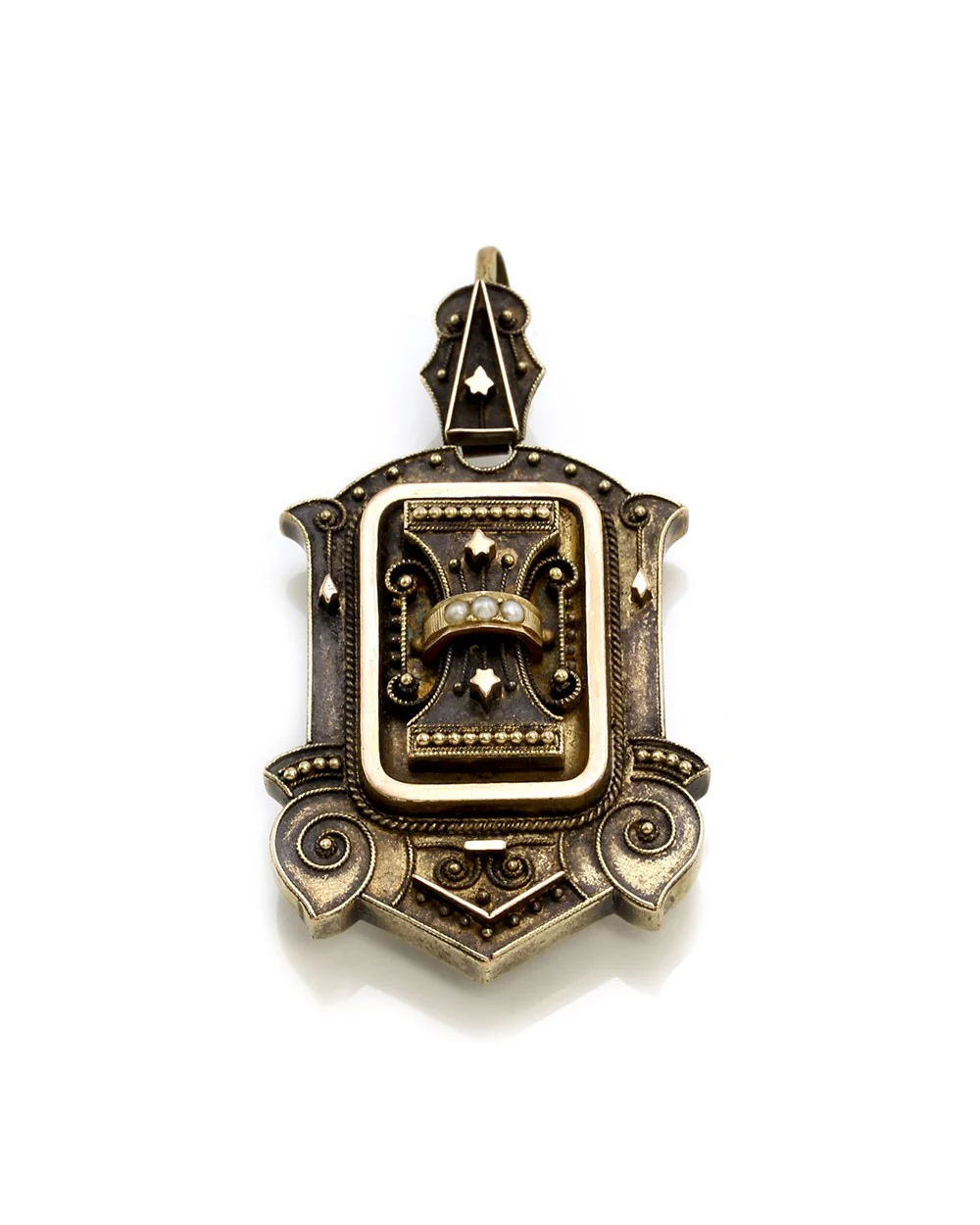 Victorian Mourning Locket Gold Enhancer Pendant with Seed Pearls - Image 2