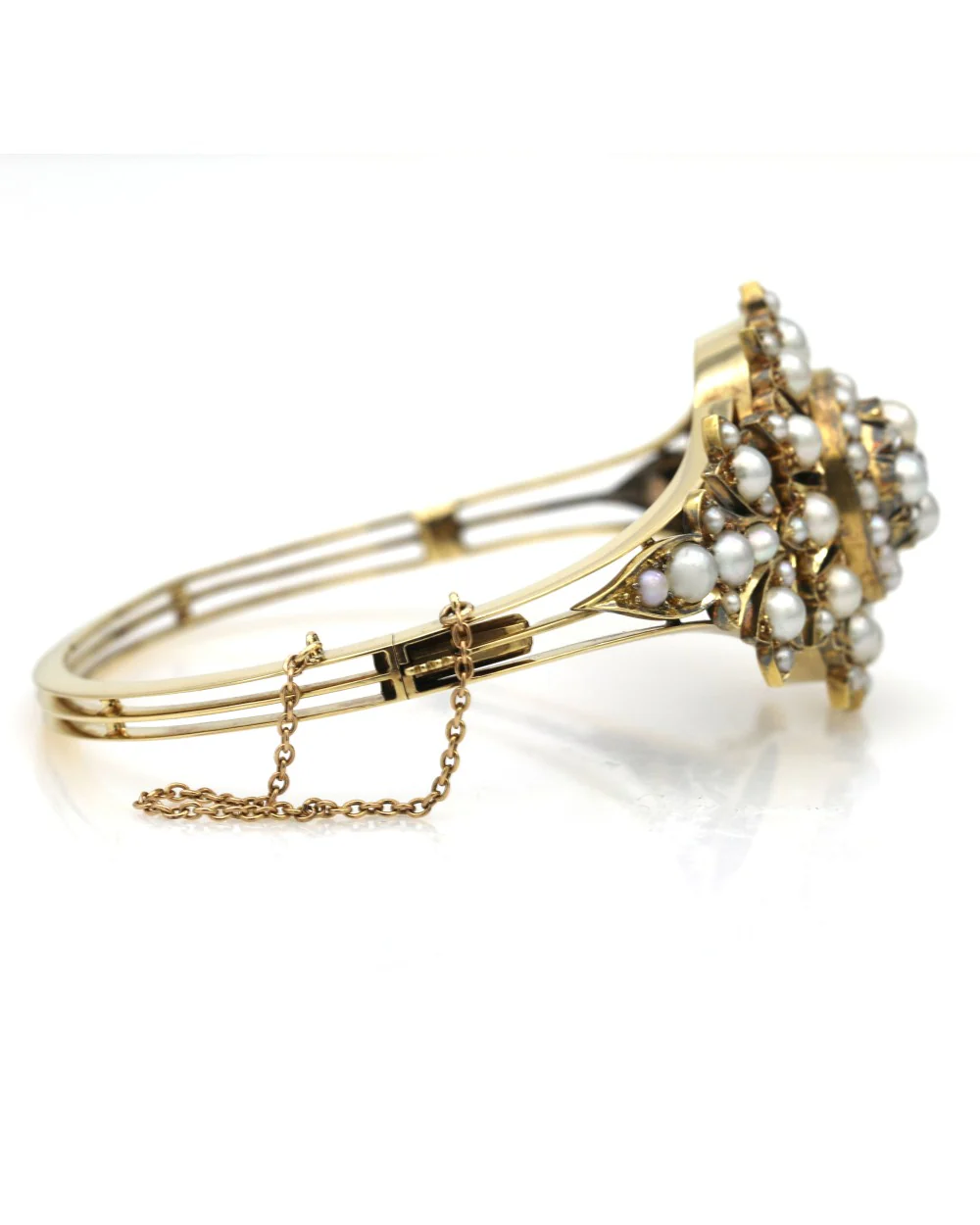 Victorian Pearl and Diamond Cluster Bangle Bracelet - Image 2