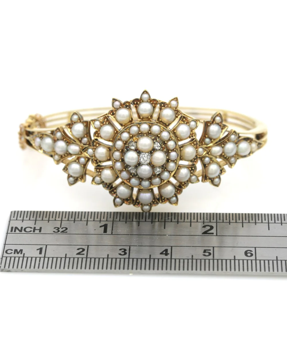 Victorian Pearl and Diamond Cluster Bangle Bracelet - Image 4