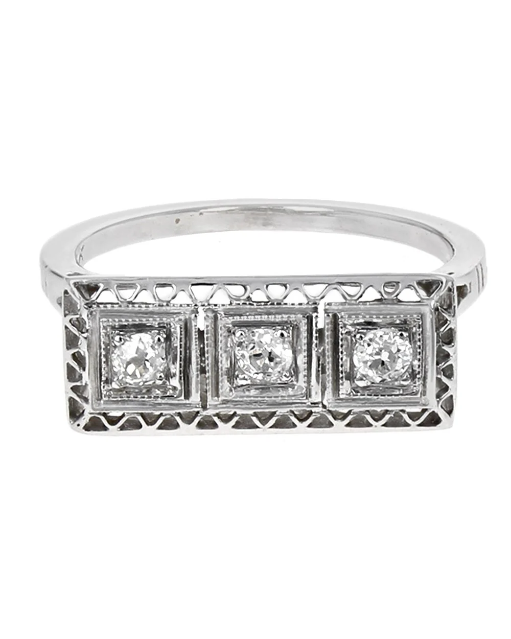 Vintage 3 Stone European Diamond Horizontal Ring - Image 2