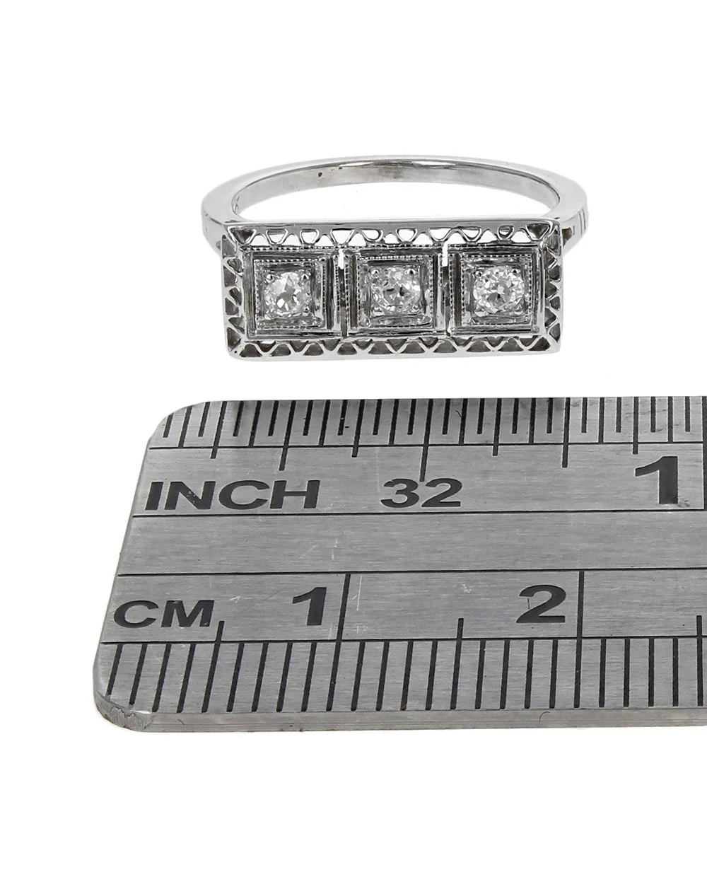 Vintage 3 Stone European Diamond Horizontal Ring - Image 3