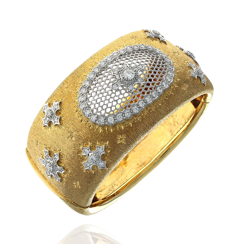 Vintage Diamond Snowflake Bangle Bracelet in Yellow and White Gold