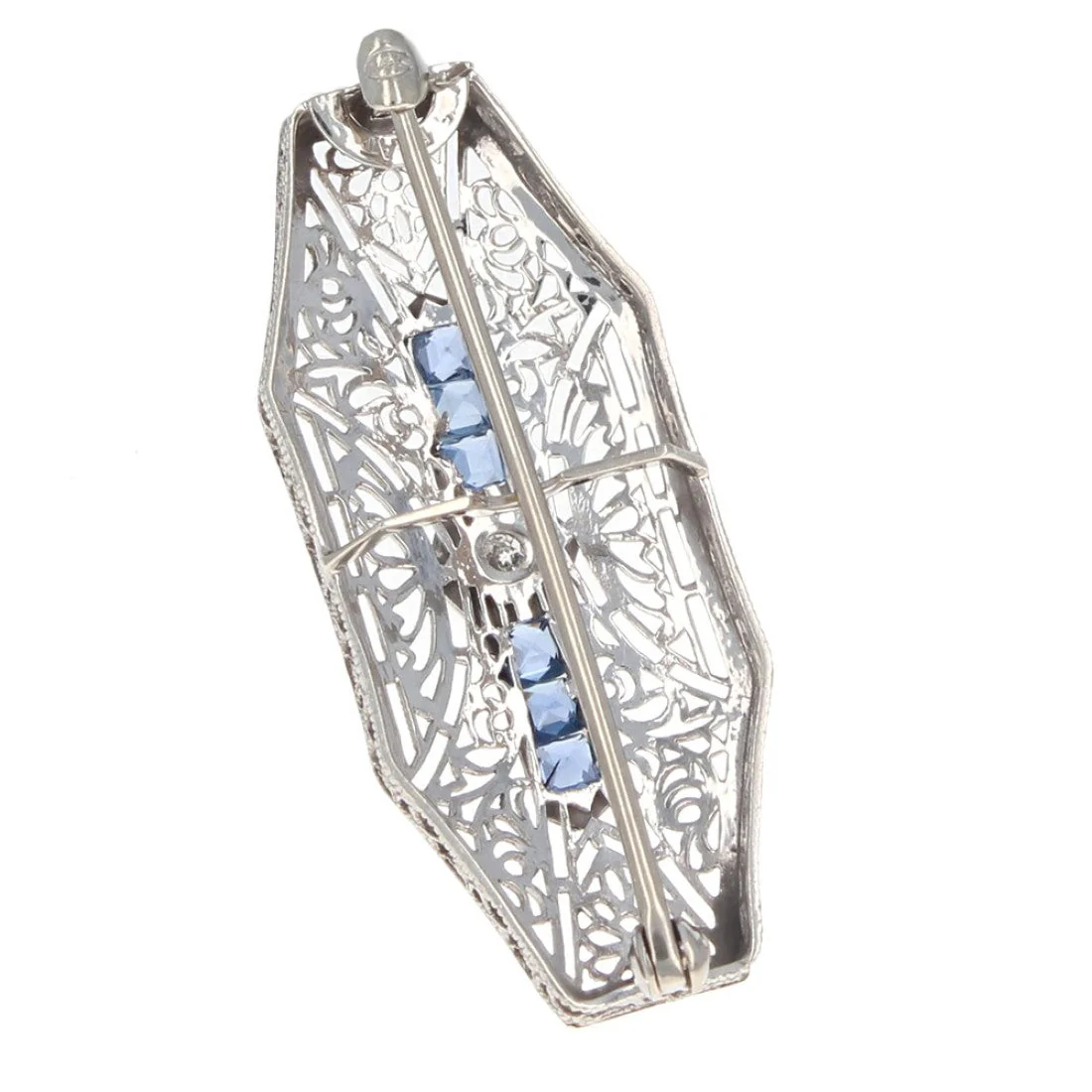 Vintage European Diamond and Sapphire Filigree Pin - Image 2