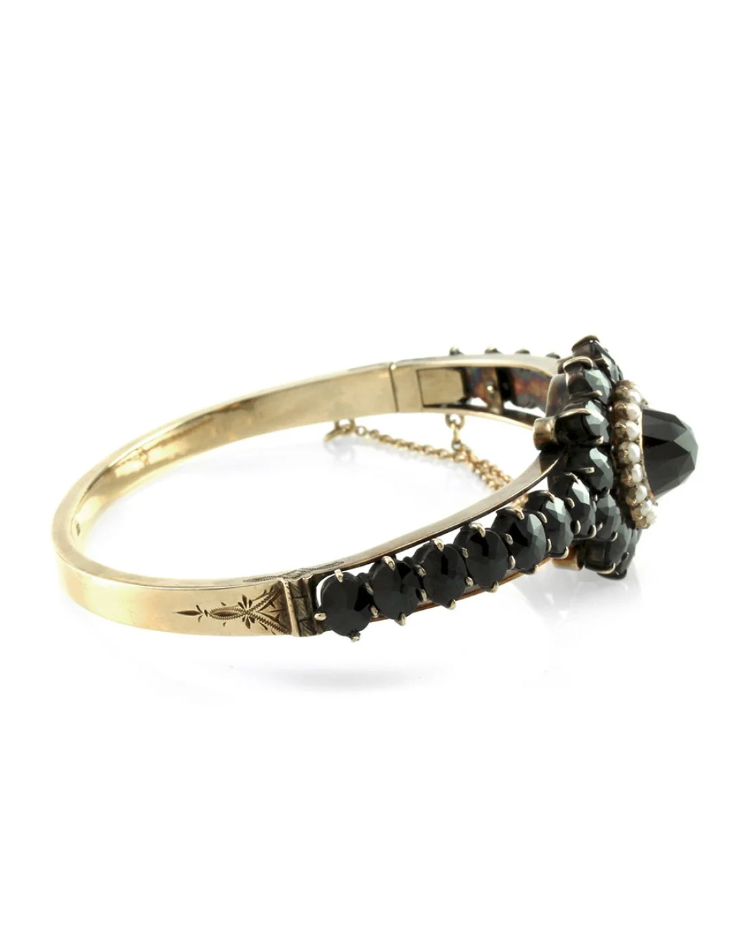 Vintage Garnet & Seed Pearl Bangle Bracelet in 14K Yellow Gold - Image 2