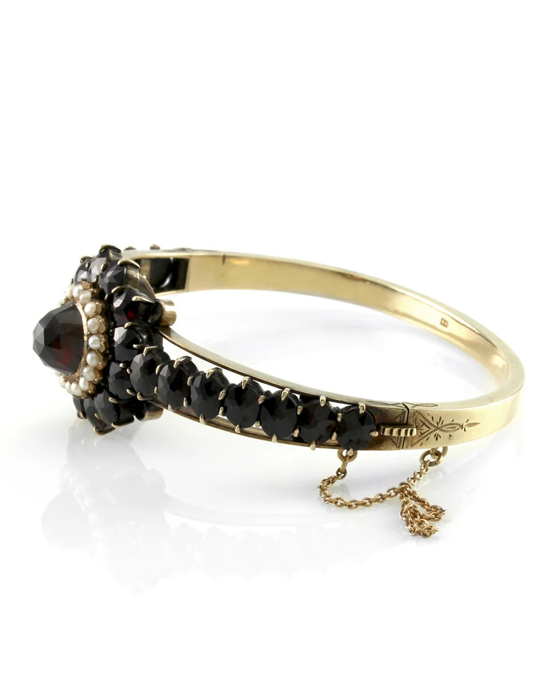 Vintage Garnet & Seed Pearl Bangle Bracelet in 14K Yellow Gold - Image 4