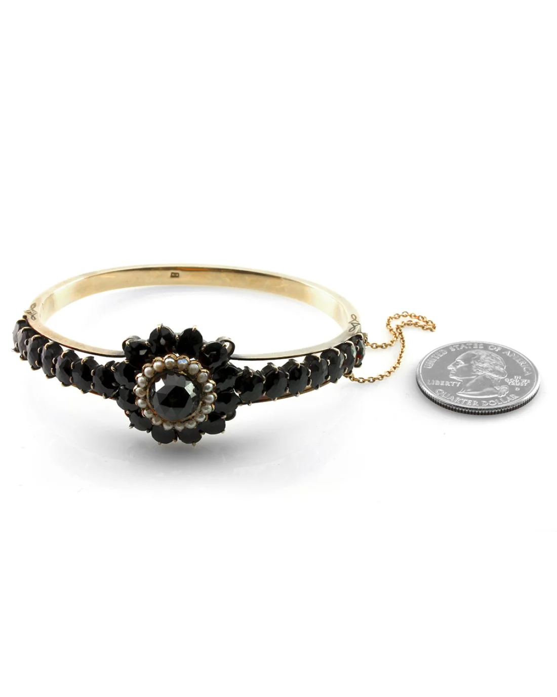 Vintage Garnet & Seed Pearl Bangle Bracelet in 14K Yellow Gold - Image 6