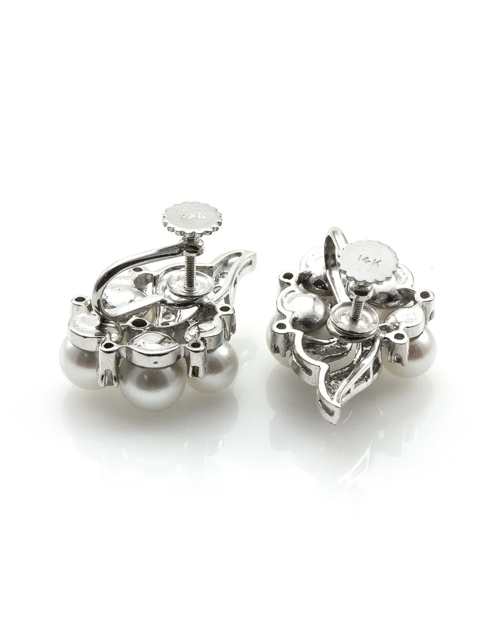 Vintage Mid-Century Diamond & Pearl Spray Earrings in 14K White Gold - Image 2