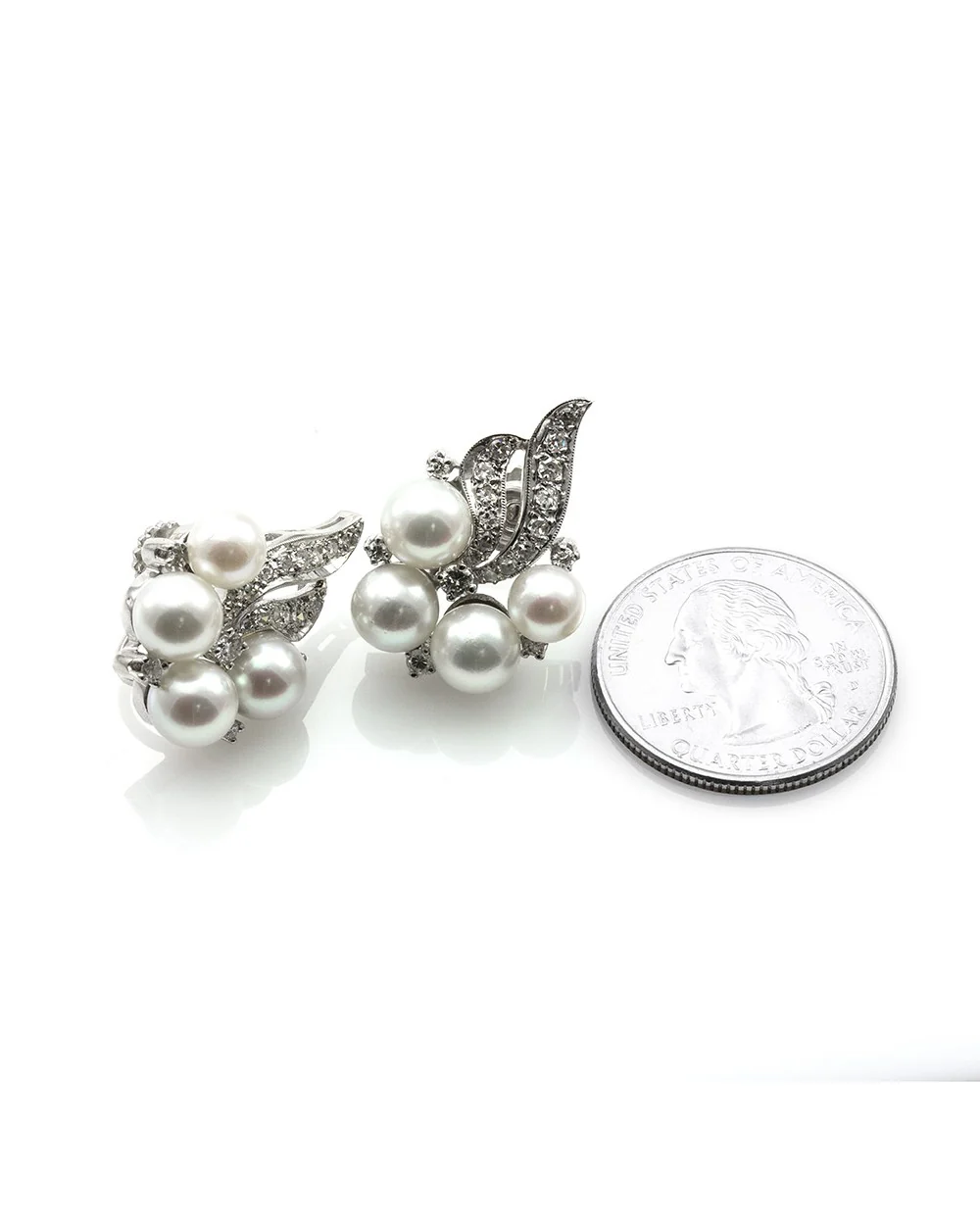 Vintage Mid-Century Diamond & Pearl Spray Earrings in 14K White Gold - Image 3