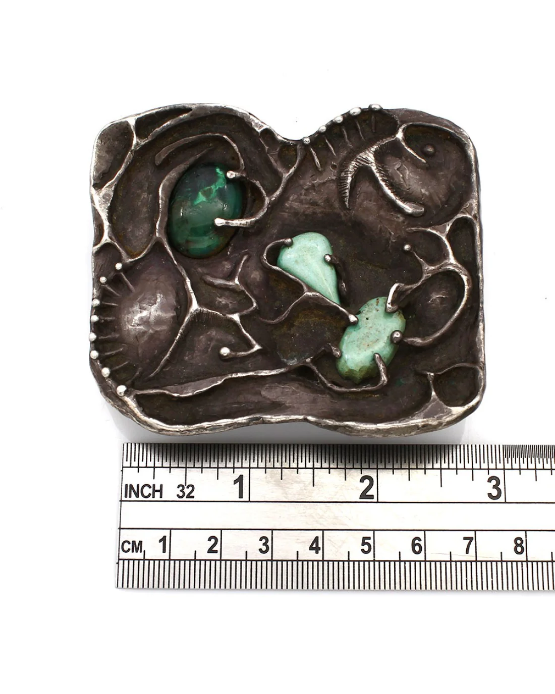 Vintage Navajo Handmade Abstract Sterling Silver Turquoise Belt Buckle - Image 3
