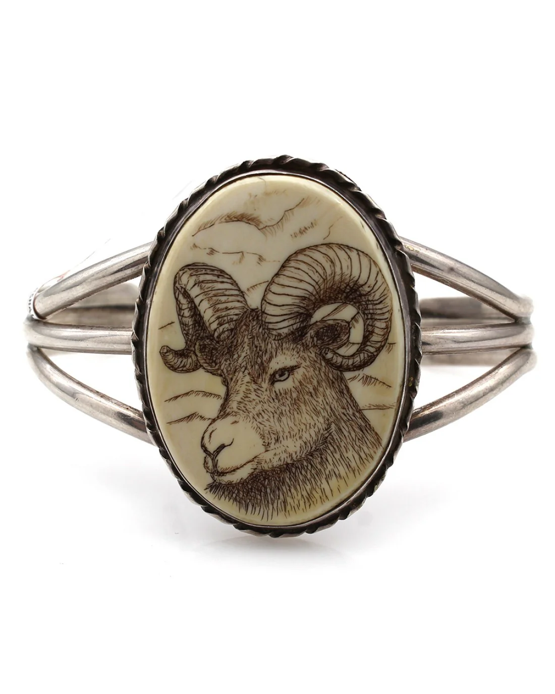 Vintage Navajo Sterling Silver Hand Carved Ram Cuff Bracelet