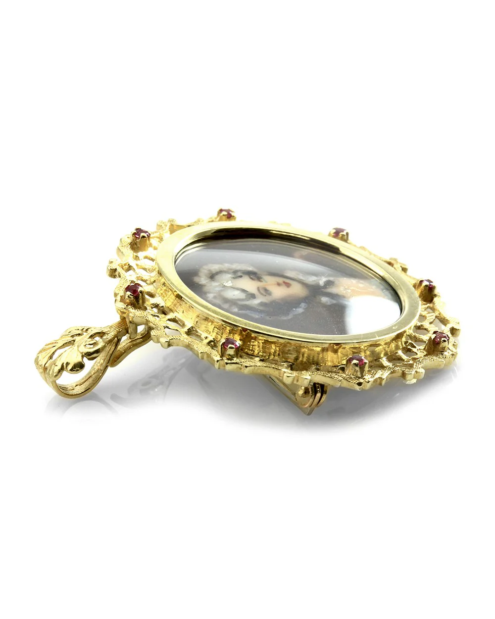 Vintage Portrait Pendant/ Pin/ Brooch with Ruby Accents in 18K Yellow Gold - Image 4