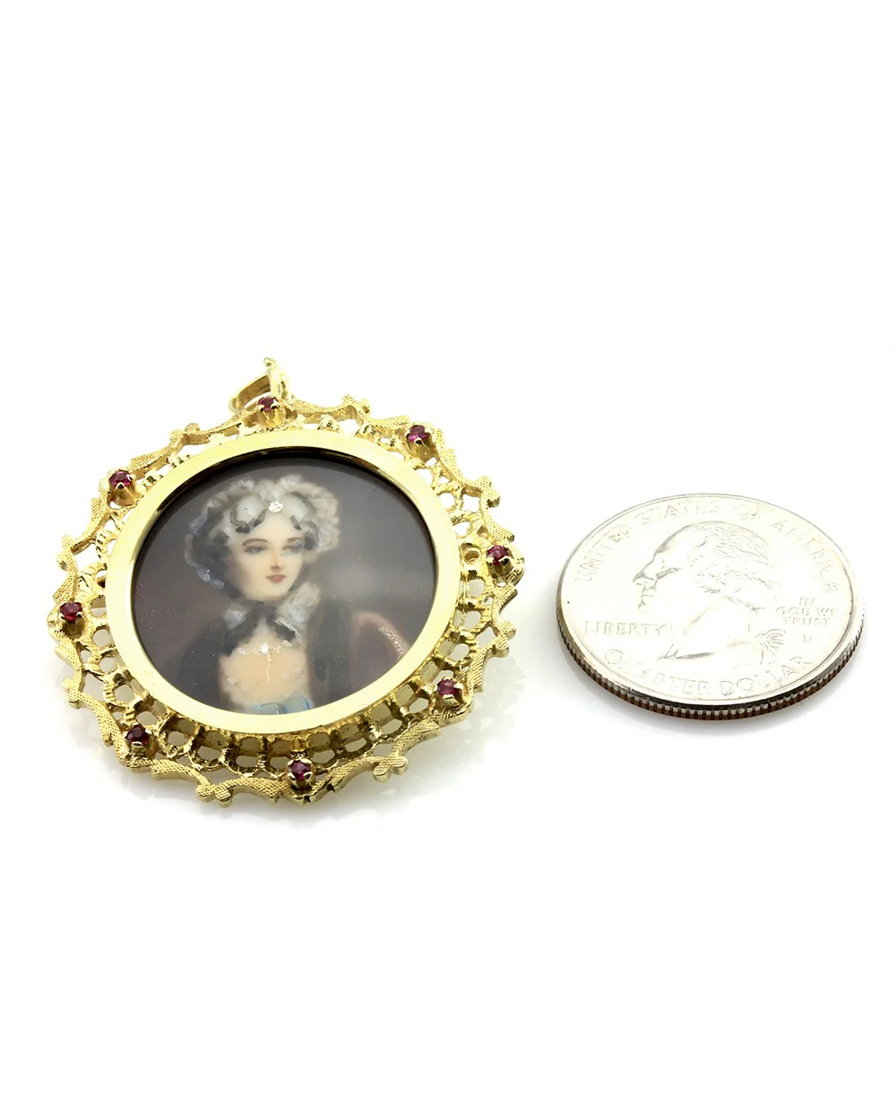 Vintage Portrait Pendant/ Pin/ Brooch with Ruby Accents in 18K Yellow Gold - Image 5