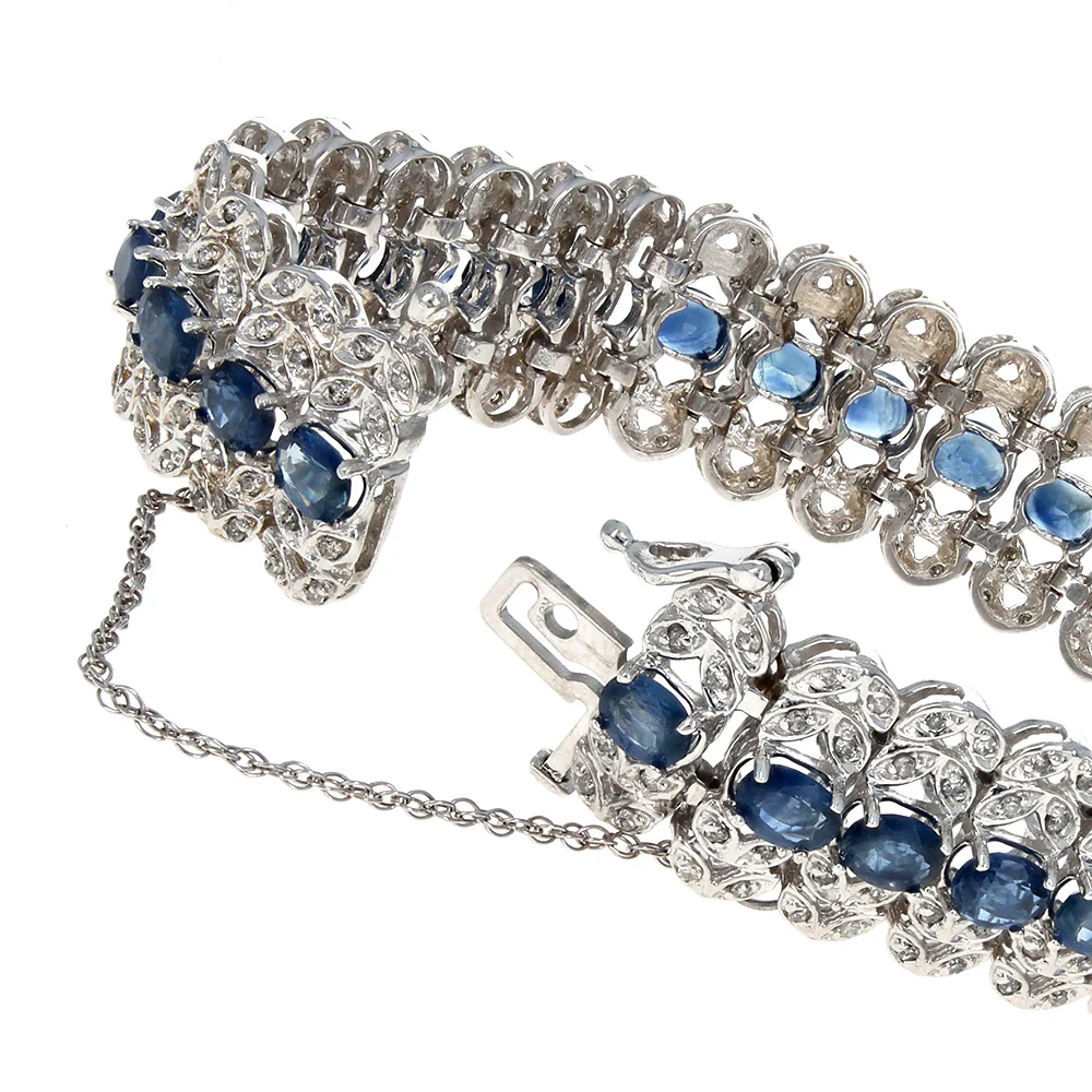 Vintage Sapphire and Diamond Foliate Lined Bracelet in White Gold - Image 2