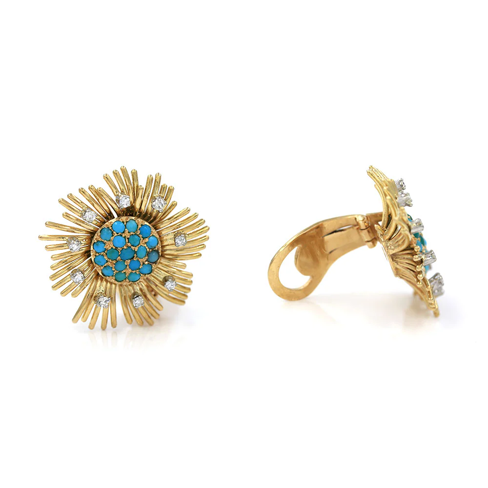 Vintage Turquoise and Diamond Sunburst Clip on Earrings in Gold - Image 2