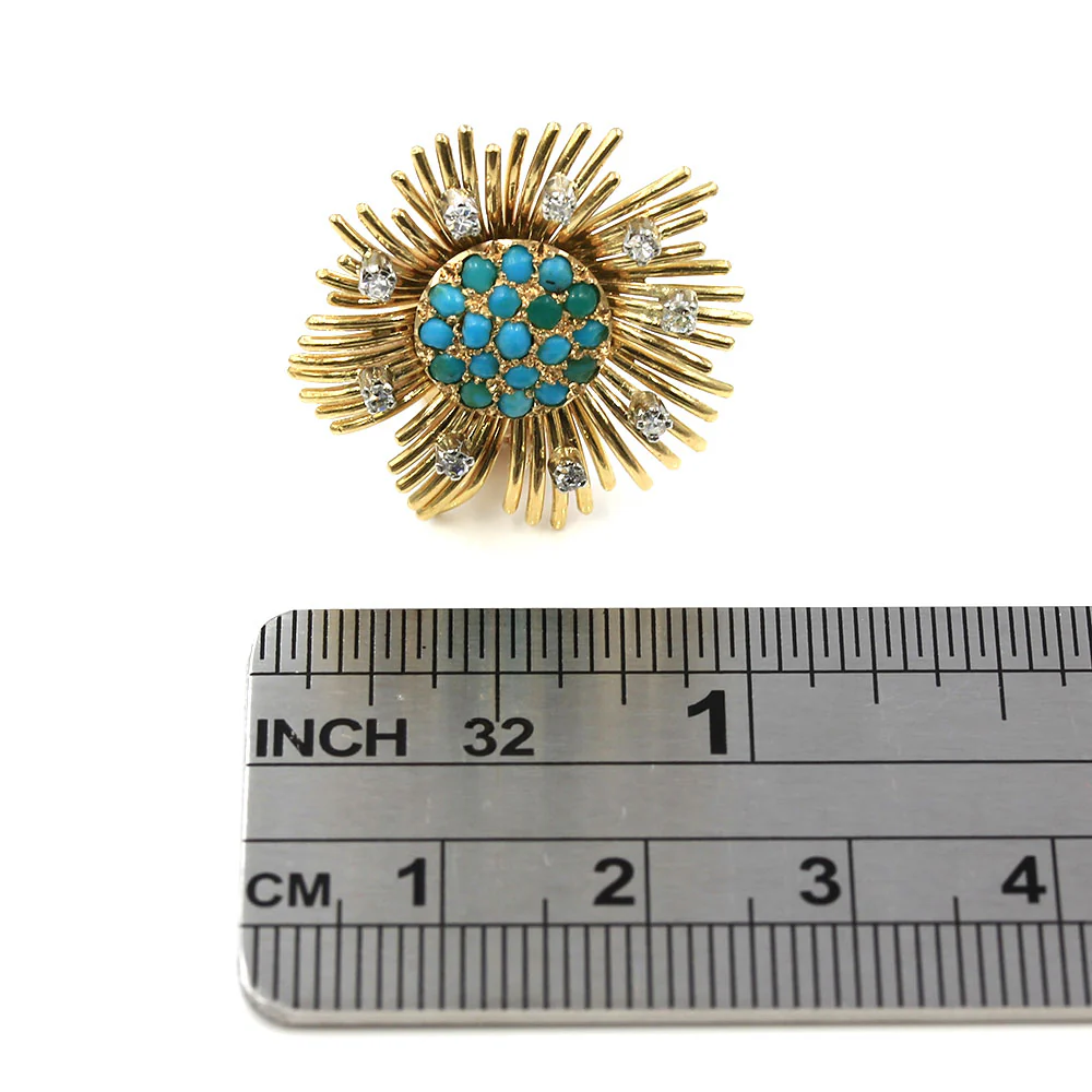 Vintage Turquoise and Diamond Sunburst Clip on Earrings in Gold - Image 3