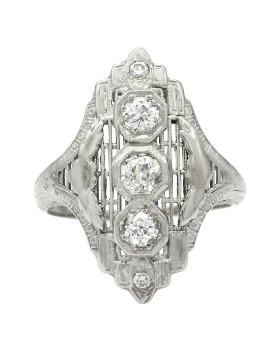 Vintage Vertical Three Stone European Cut Diamond Ring in 14kw - Image 2