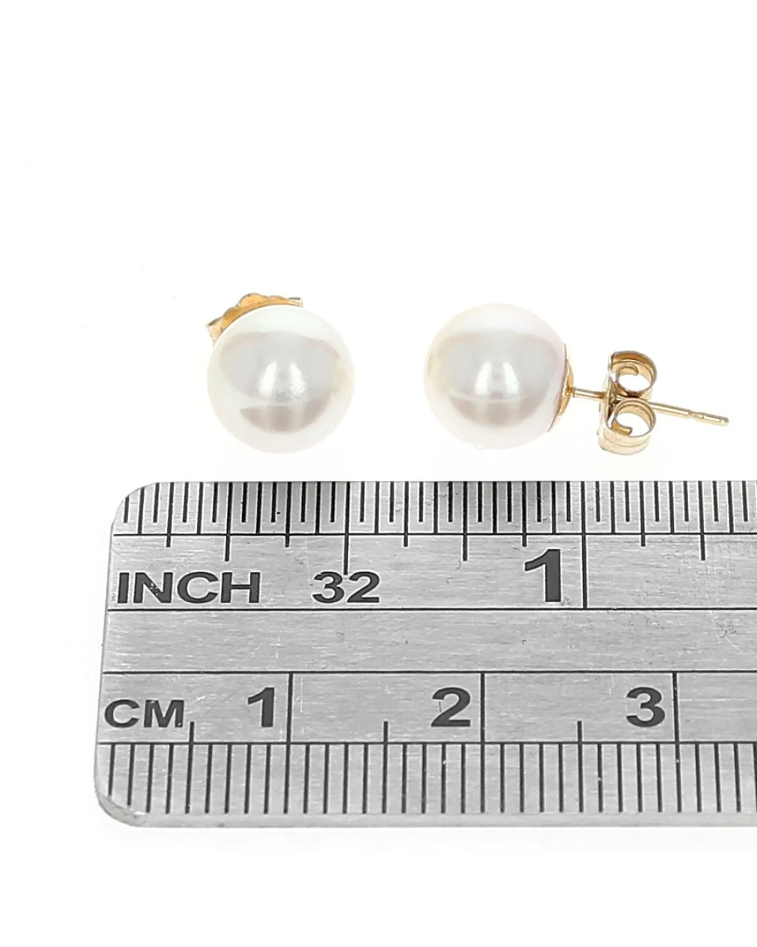White Freshwater Pearl Studs in Yellow Gold - Image 2