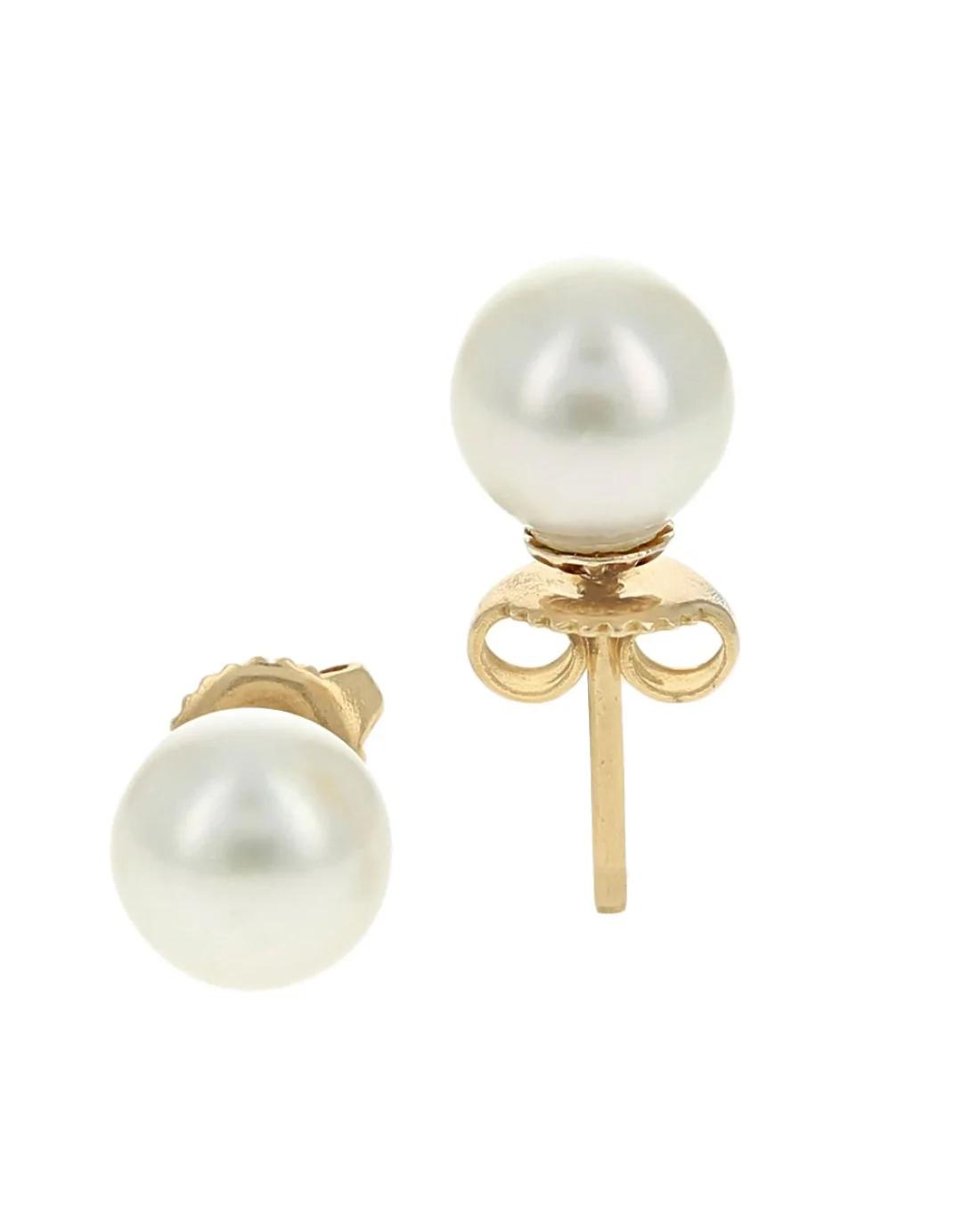 White Freshwater Pearl Studs in Yellow Gold - Image 2