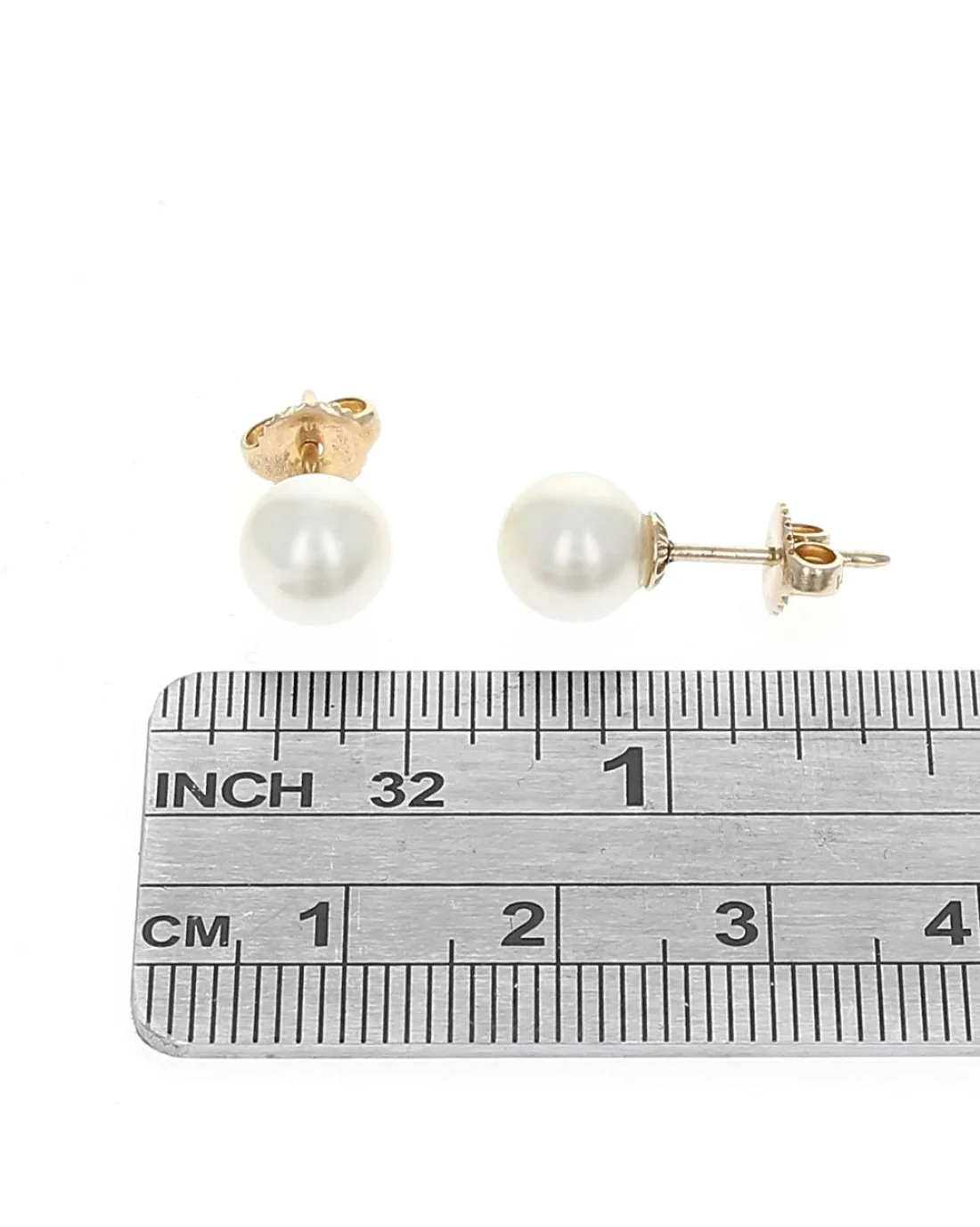 White Freshwater Pearl Studs in Yellow Gold - Image 3