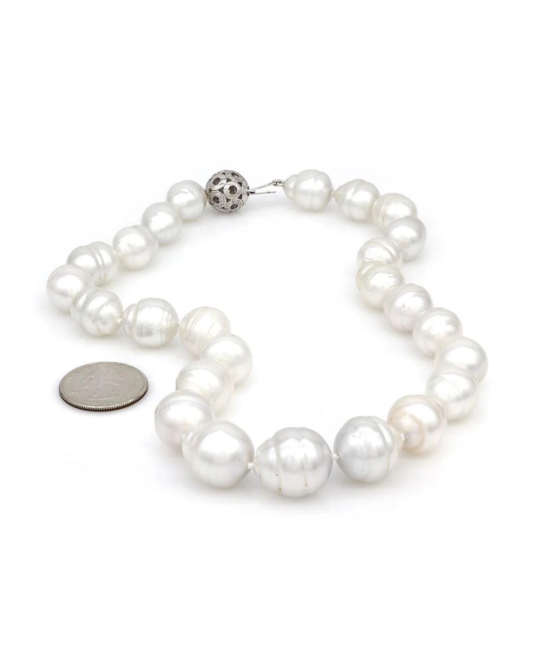 White South Sea Pearl Necklace with Diamond Ball Clasp in Gold - Image 3