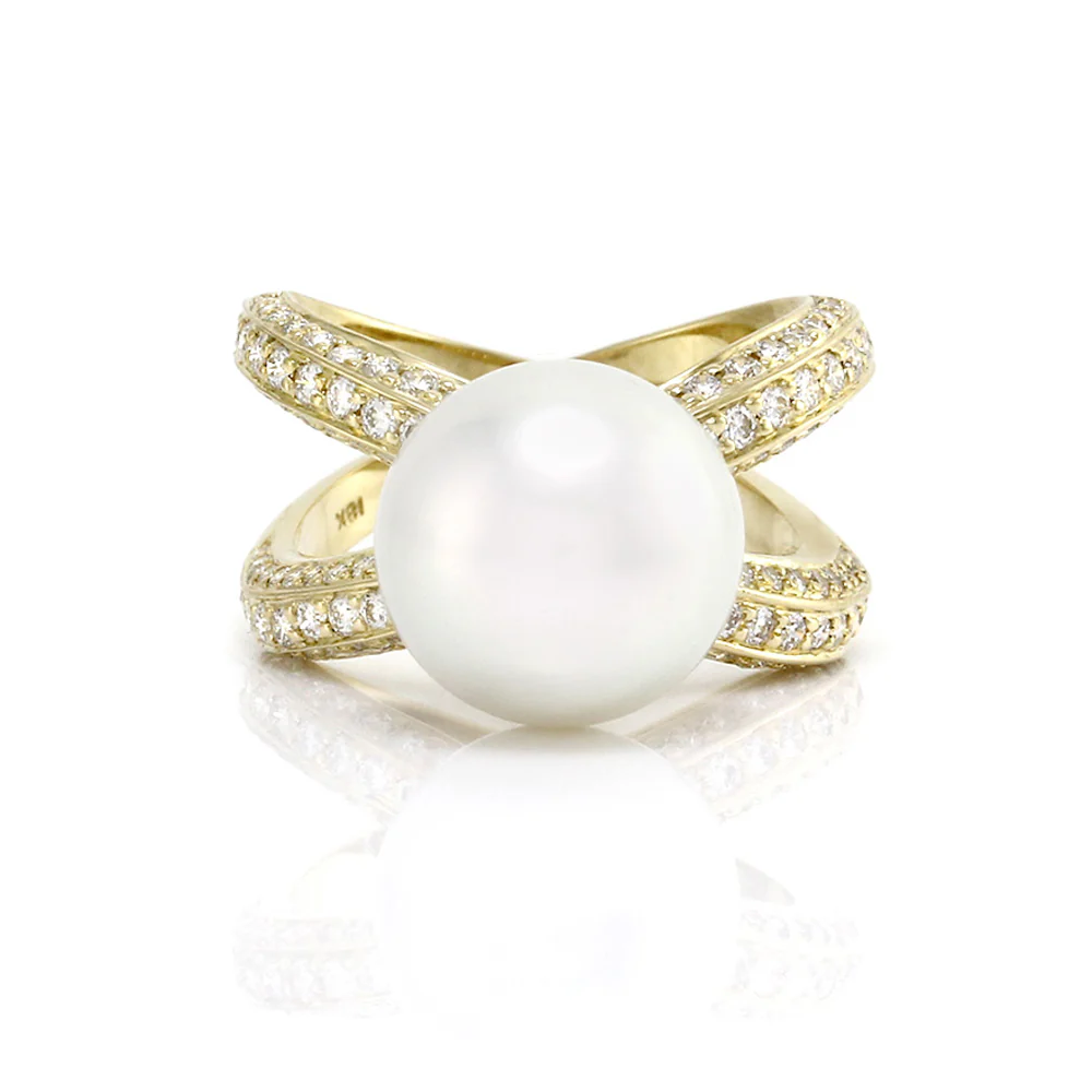 White South Sea Pearl Ring w/ Pave Diamonds in 18K Yellow Gold