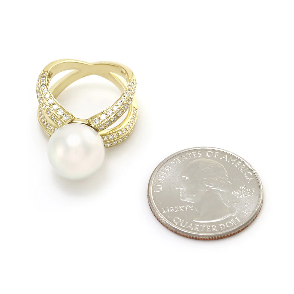 White South Sea Pearl Ring w/ Pave Diamonds in 18K Yellow Gold - Image 4