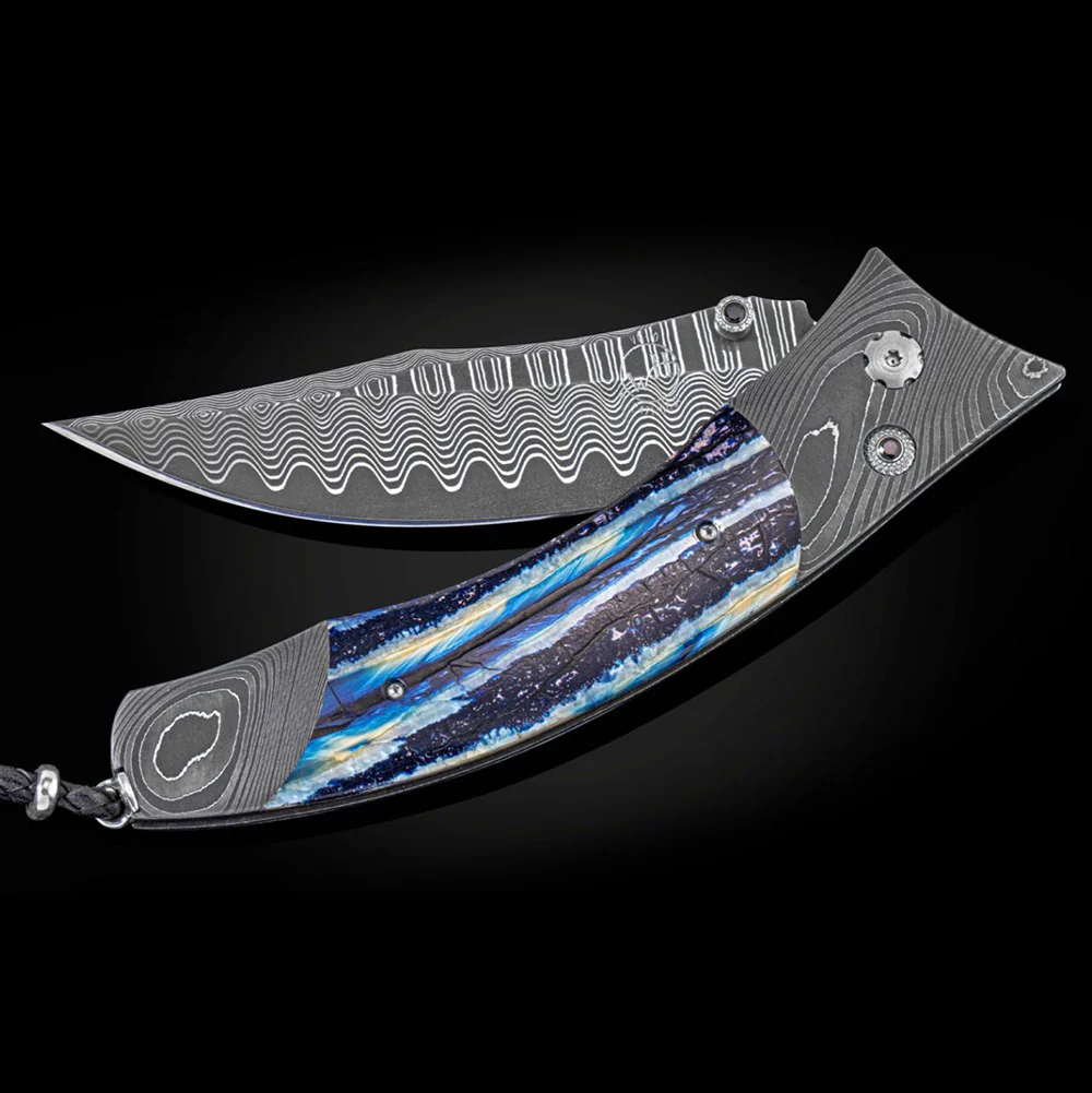 William Henry Blue Wave Damascus & Woolly Mammoth Tooth Pocket Knife B21 BLUE WAVE