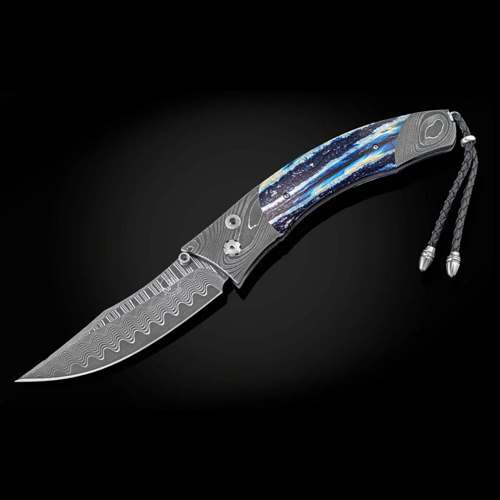 William Henry Blue Wave Damascus & Woolly Mammoth Tooth Pocket Knife B21 BLUE WAVE - Image 2