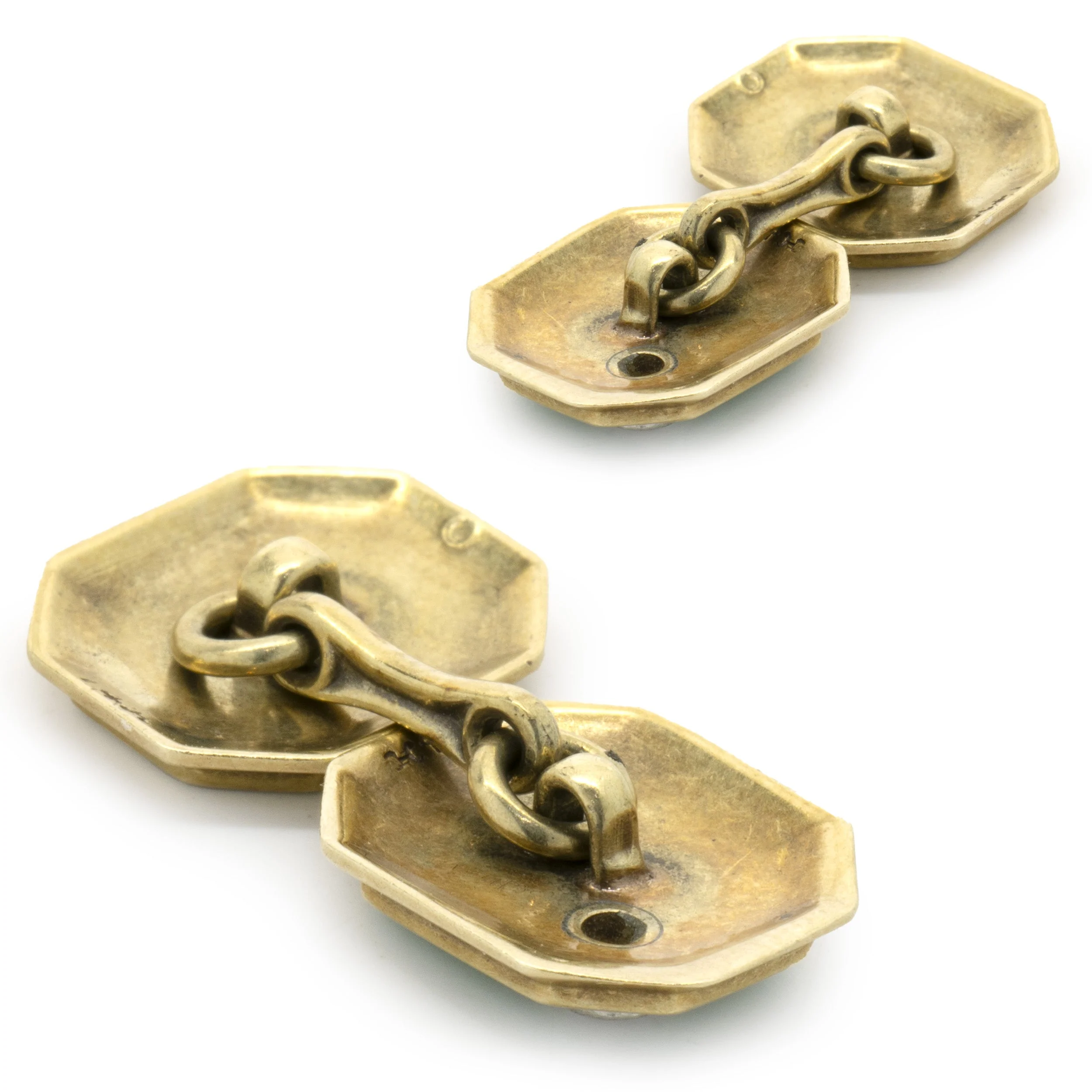 William Huger & Co. 14 Karat Yellow Gold Vintage Diamond and Enamel Cufflinks - Image 2